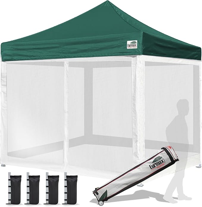 Eurmax USA 10'x10' Pop-up Canopy Tent Commercial Instant Canopies with 4 Removable Zipper End Screen Wall kit and Roller Bag, Bonus 4 SandBags(Forest Green)