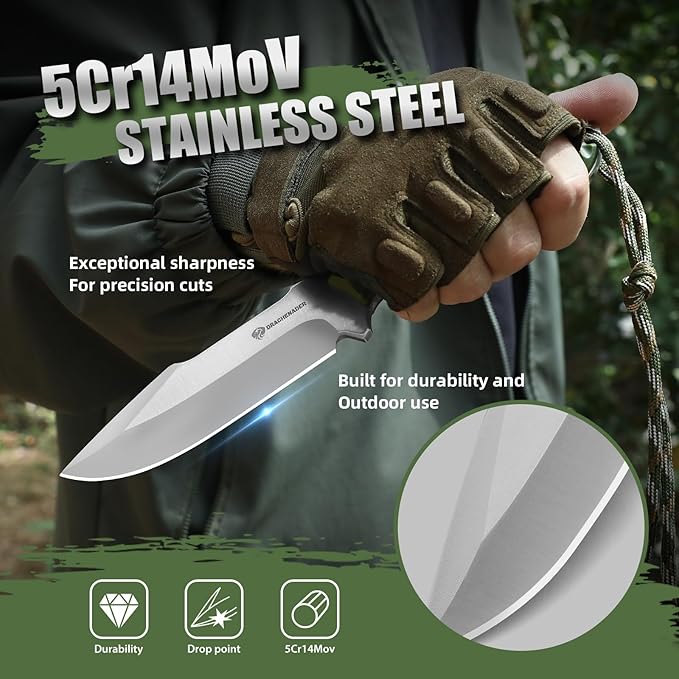 Tactical Knife Fixed Blade (B-ER-DROP POINT), 5.04" 5Cr14MoV Steel Blade Bushcraft knife with ABS handle, Full Tang Survival Knife, Gifts for men, (Green)