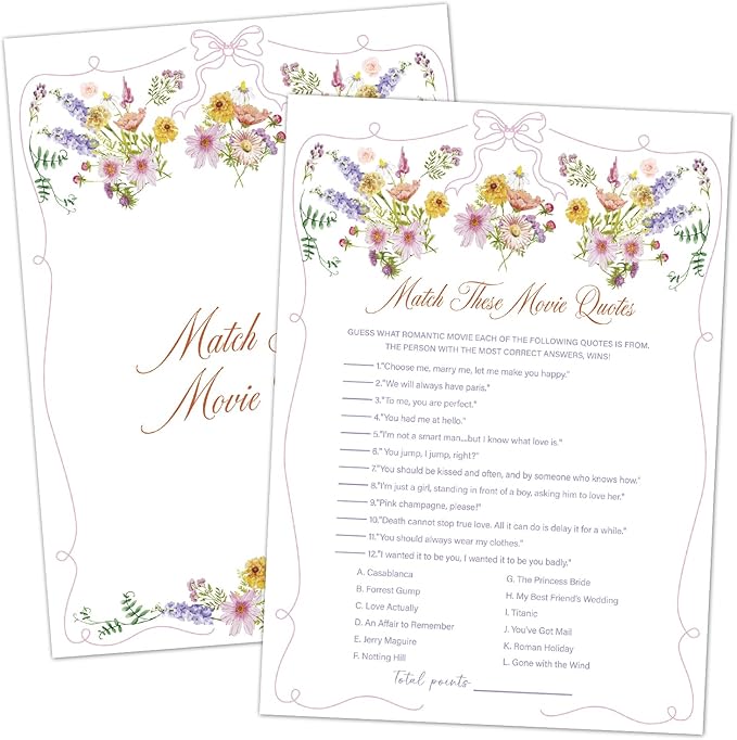 Match These Movie Quotes Bridal Shower Games, Wildflowers Pink Bow Games Card for Wedding Reception, Bridal Shower, Engagement, Bachelorette Party Activity Decorations (25 Pack) -A03
