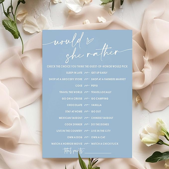 Bridal Shower Games Cards, Would She Rather Bridal Shower Game for 25 Guests, Engagement Party Wedding Games for Guests, Minimalist Blue Wedding Party Supplies - B11