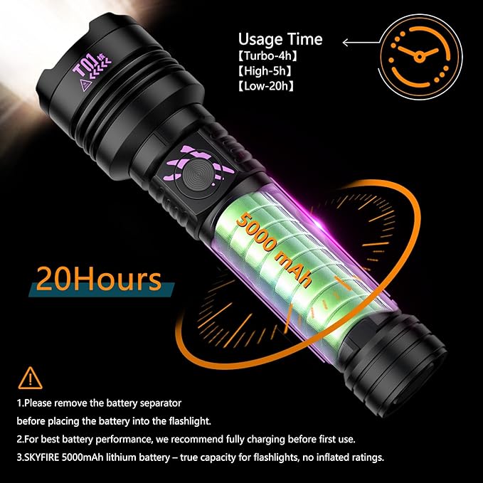 SKYFIRE Rechargeable Flashlights High Lumens: LED Super Bright Flashlight Zoomable with 5 Modes IPX6 Waterproof Handheld Powerful Flash Light for Camping,Emergenciesr,Home&Gifts(with Ignition Lens)