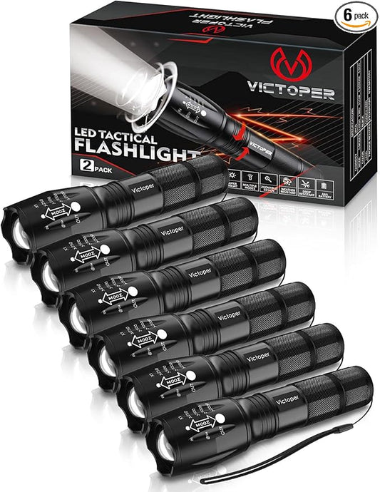 Victoper LED Flashlight 6 Pack, Bright 2000 Lumens Tactical Flashlights High Lumens with 5 Modes, Waterproof Focus Zoom Flash Light, Portable Flashlight for Camping Hiking Outdoor Home Emergency