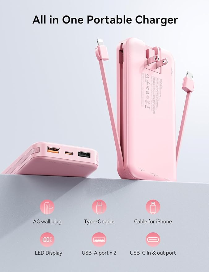 12000mAh Ultra-Portable-Charger-Power-Bank with Built in Cables&AC Wall Plug,PD20W USB-C Fast Charging Cell Phone Charger Battery Pack,LED Display Travel Battery Bank for All iPhone,Samsung,Android