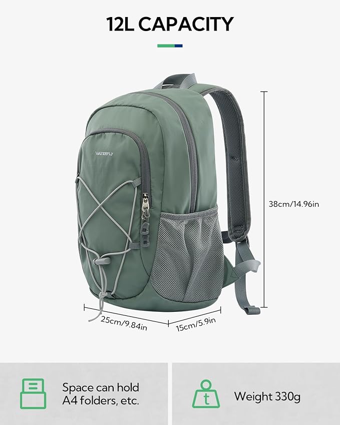 WATERFLY 12L Small Hiking Backpack: Day Pack Lightweight Travel Bag Camping Fitness Cycling Outdoor Sports Daypack For Women Men
