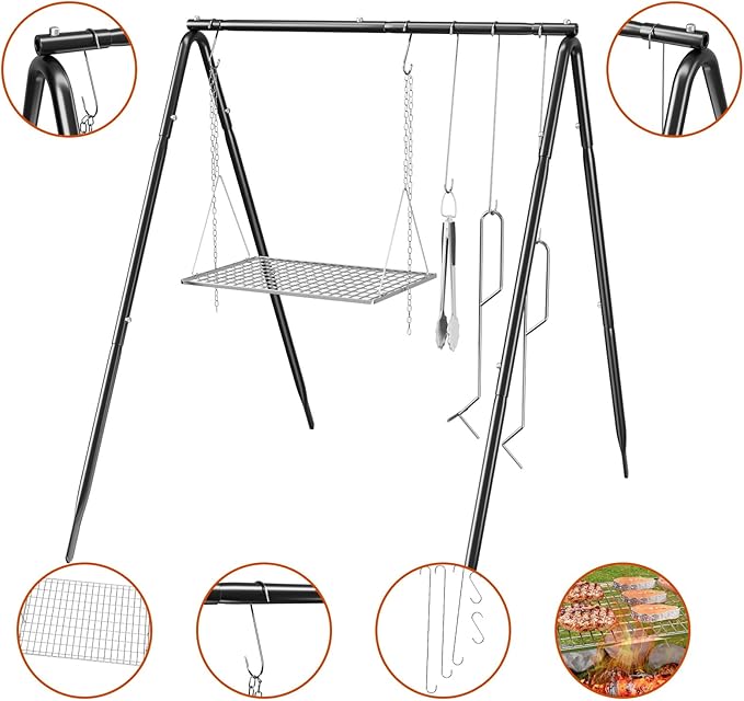 Grill Swing Campfire Cooking Stand with Stainless Steel Grill Grate for Cookware & Dutch Oven, Portable Cookware Hanging Rack, Outdoor Camping Bonfire with Adjustable Collapsible Legs with Hooks