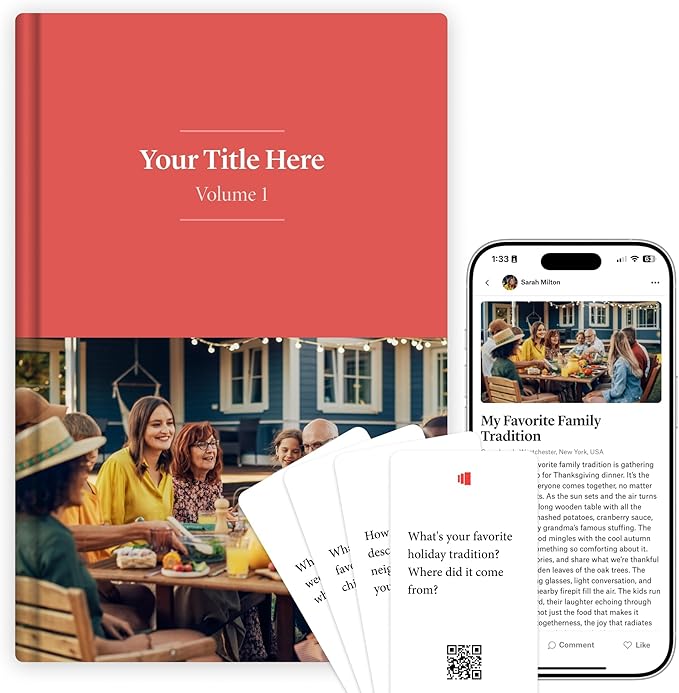 Custom Hardcover Family Memory Keepsake Book + Storied Starter Cards (78 Cards) - Complete Legacy Bundle Gift for Grandparents & Parents - Preserve Family Stories & Memories