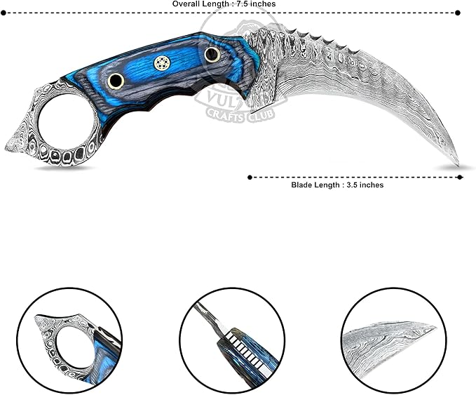 Damascus steel Handmade Knife, Survival claw Tactical teeth Knife Double edged sharp, Fixed Blade Knife With Sheath, Curved knife