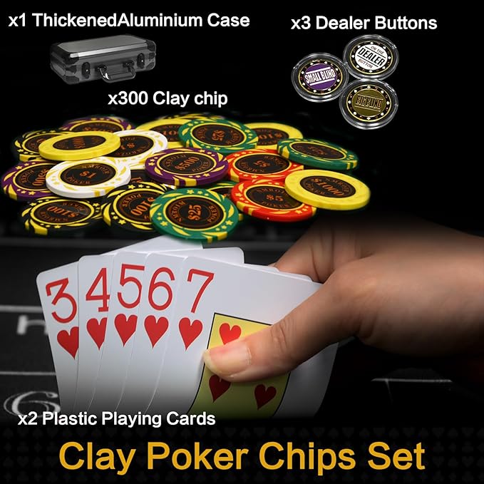 13.5 Gram Clay Poker Chip Set Texas Hold'em Casino Chips 2 Decks of Cards, Aluminum Case Dealer Buttons, for Blackjack Poker Games (300 PCE)