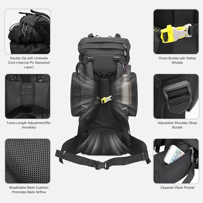 85L Lightweight Internal Frame Hiking Backpack for Men Women, Waterproof Travel Camping Backpack with Rain Cover