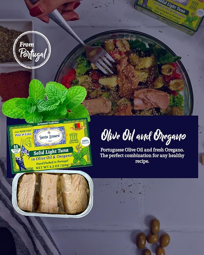 Santo Amaro - Artisanal Wild Tuna Fillets in Olive Oil & Oregano, Pole & Line Caught Tuna from Portugal, Hand-Packed Athens-Style Canned Tuna Fish, 22g Protein, Paleo, Keto, Low Mercury, Pack of 3