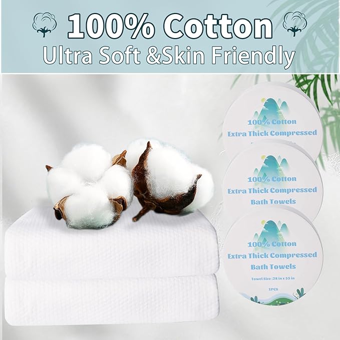10 Pack Premium-Disposable-Compressed-Bath-Towel-for-Travel, Extra-Thick Large Portable Travel Towels Compressed for Camping Sports Hiking Beach Swimming Vacation, 55"x28"