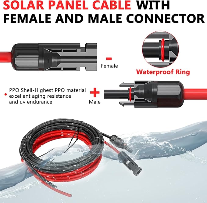 2x70 Feet Solar Panel Extension Cable, 10AWG Solar Cable, Solar Panel Cable with Female and Male Waterproof Connectors for RV, Photovoltaic Systems (70FT Red + 70FT Black)