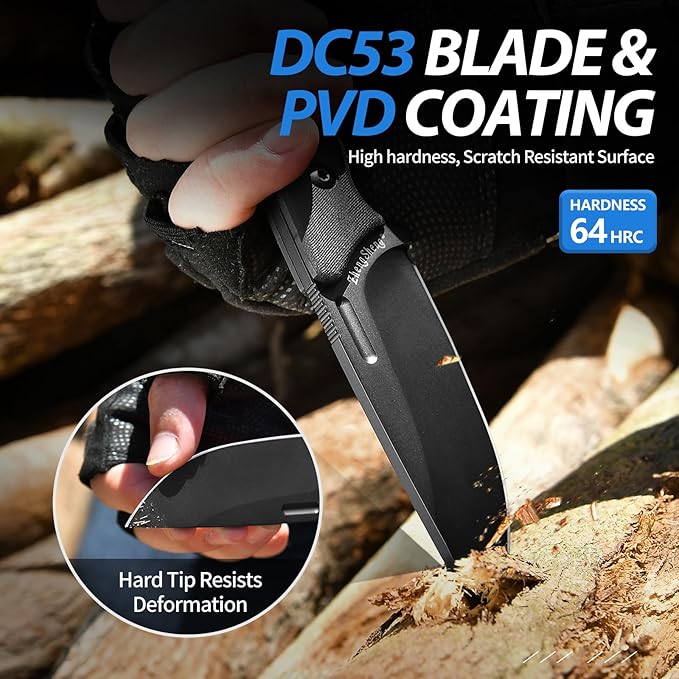 Fixed Blade Knife with Sheath, 3.2??DC53 Steel blade with Black Titanium Coating and G10 Handle Full Tang Outdoor Camping Hiking Survival Knives for Men Women