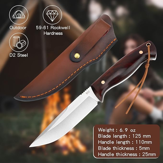 Benkey Fixed Blade Hunting Knife Full Tang with Leather Sheath, Solid & Sharp D2 Blade Outdoor Survival Hunting Knife, Comfortable Natural Wood Handle Camping Knife for Men and Women