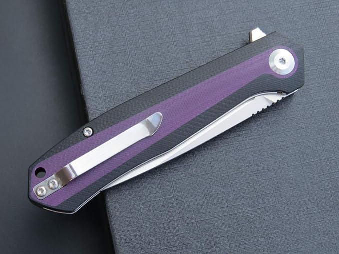 Eafengrow EF964 Pocket Folding Knife G10 Handle D2 Blade EDC Tool Knife with Pocket Clip Fast Opening Ball Bearing Folder for Outdoor Camping Hiking (Purple)