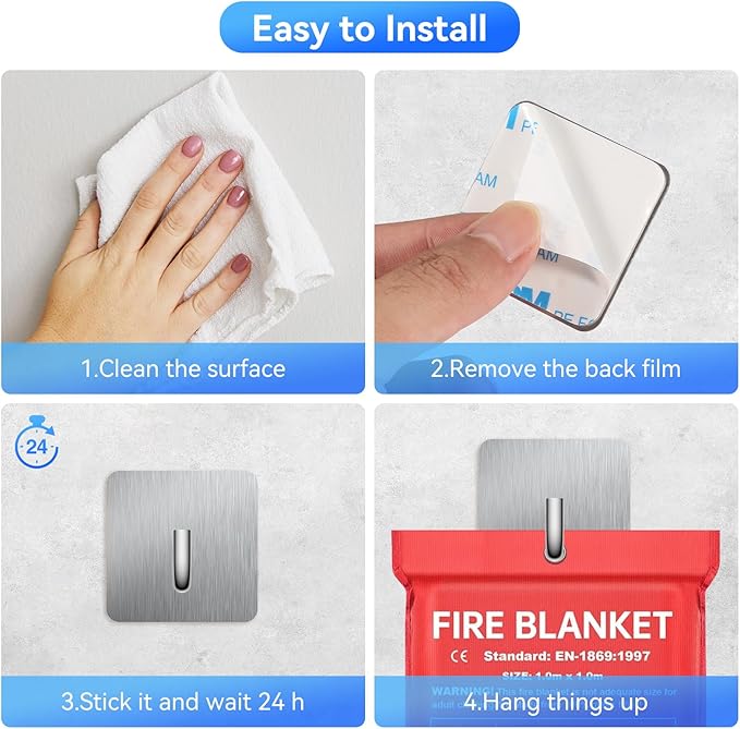 KRUI 8 Pcs Adhesive Wall Hooks for Emergency Fire Blankets, Heavy Duty Stainless Steel Wall Hanging Hooks Waterproof and Fireproof for Home Kitchen Bathroom Office