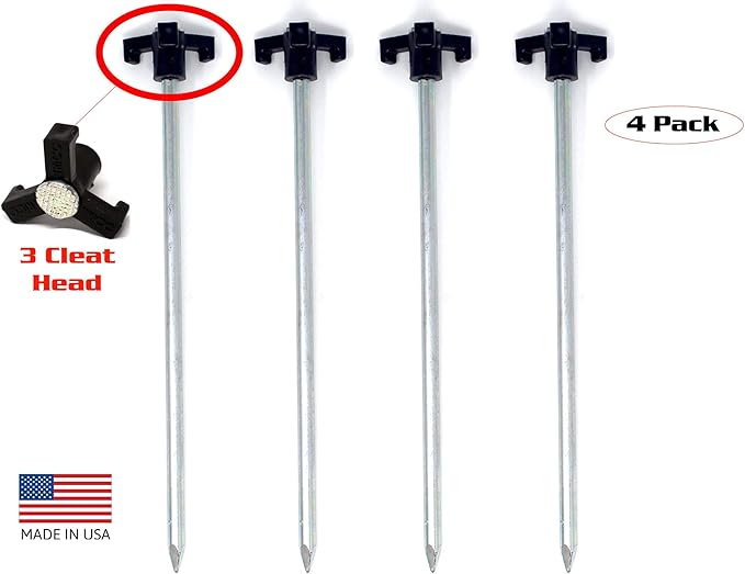 Tricc Unbreakable Heavy Duty Steel Tent/Canopy Stakes, Galvanized Non-Rust 10" Three Pegged Solid, Sturdy Stakes for Outdoor Trips, Camping, Hiking & Gardening. 4 Colors Made in The USA (Black)