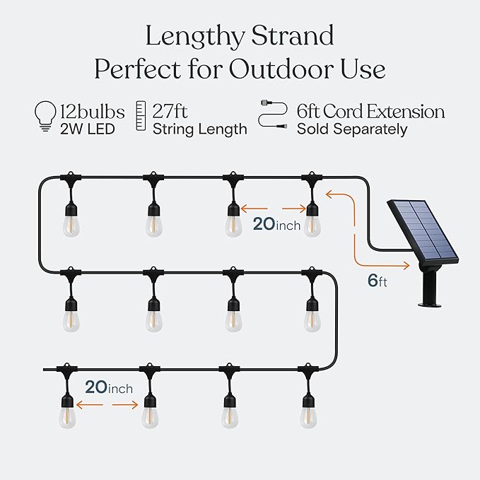 Brightech Ambience Pro 27 Ft Solar Powered Outdoor String Lights - Commercial Grade Waterproof Patio Lights with Edison Globes, Shatterproof LED String Lights for Patio - 2W, Warm White, 12 Bulbs