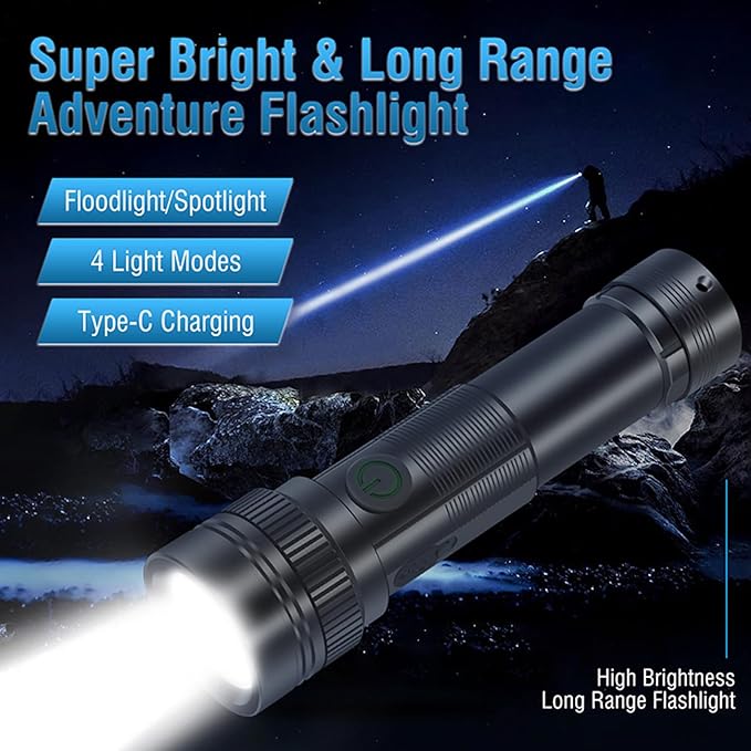 Rechargeable LED Flashlight High Lumens - 2 Pack Super Bright Small Tactical Flashlight Zoomable,4 Modes, IP64 Waterproof for Camping Emergency Repair Outdoor
