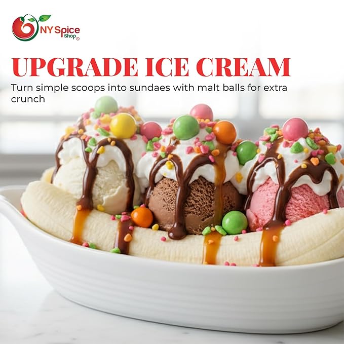 NY Spice Shop Ice Cream Sundae Chocolate Malt Balls Party Decorations - 8 Ounce Malted Milk Ball Candy Birthday Gifts - Chocolate Malted Milk Balls - Dark Chocolate Malt Ball Holiday Snacks