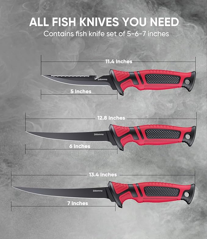 Fillet Knife and Bait Knife Set Performance 5"-6"-7" G4116 German Flex Razor Sharp Stainless-Steel Blade with Sheath for Filleting and Boning, Pro Fishing Gear and Equipment Tools, Cool Fishing Gift for Men (Black-Red)