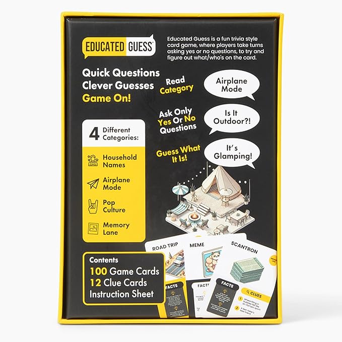 Educated Guess ??Fast & Fun Yes?‘or?‘No Trivia Party Game for Families & Friends | 100 Clue Cards, 4 Categories, Adults & Teens (Ages 12+) | Perfect for Road Trips & Gifts