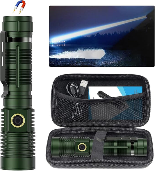 Rechargeable Flashlight High Lumens, High Lumens Super Bright Magnetic Flash Light, Long-Range Zoomable LED Flashlights for Emergency, Waterproof Flashlight Dimmable, Green,1PC
