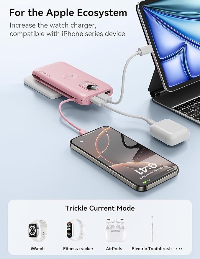 Portable Charger, 10000mAh 22.5W USB C Power Bank Built in Cables, AC Wall Plug and Led Display, External Battery Pack Fast Charging, Travel Essentials for iPhone, Android Cell Phone, Tablet, iWatch