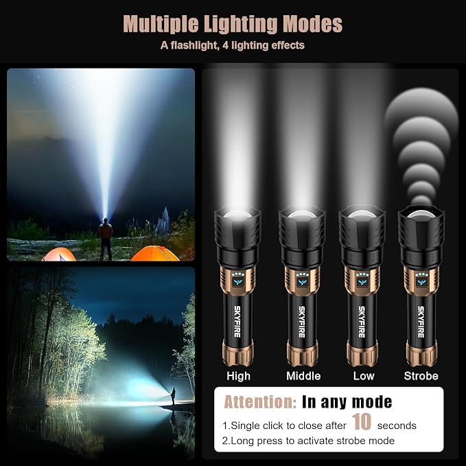 SKYFIRE LED Flashlights High Lumens with Ignition Lens,2000lm Super Bright Rechargeable Flashlight,Zoomable,Four Modes,Waterproof Tactical Flash Light for Camping Essentials,Outdoor,Home&Gifts