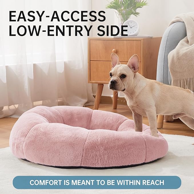 OhGeni 31 inches Calming Donut Orthopedic Dog & Cat Bed for Medium Pets, Warming Comfort Fluffy Short Pile Fur, Durable Waterproof Machine Washable Removable Cover, Cute Round Bed for Puppy, Pink