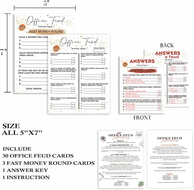 Tuyashua Office Party Feud Games, Work Party Games, Team Building Group Game, Great for Coworker or Adult Trivia Game - 30 Office Feud Cards and 3 Fast Money Round Cards (01)