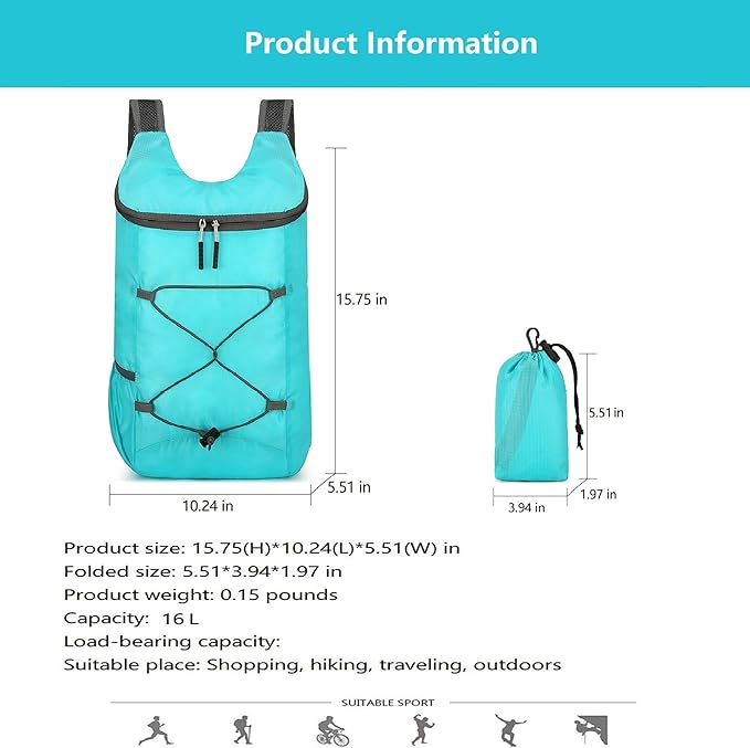 16L Lightweight Foldable Hiking-Backpack Small Packable-Daypack For Travel,Ultralight Water-Resistant Gym Bag Men Women Easy Carry-on (Lake Blue)