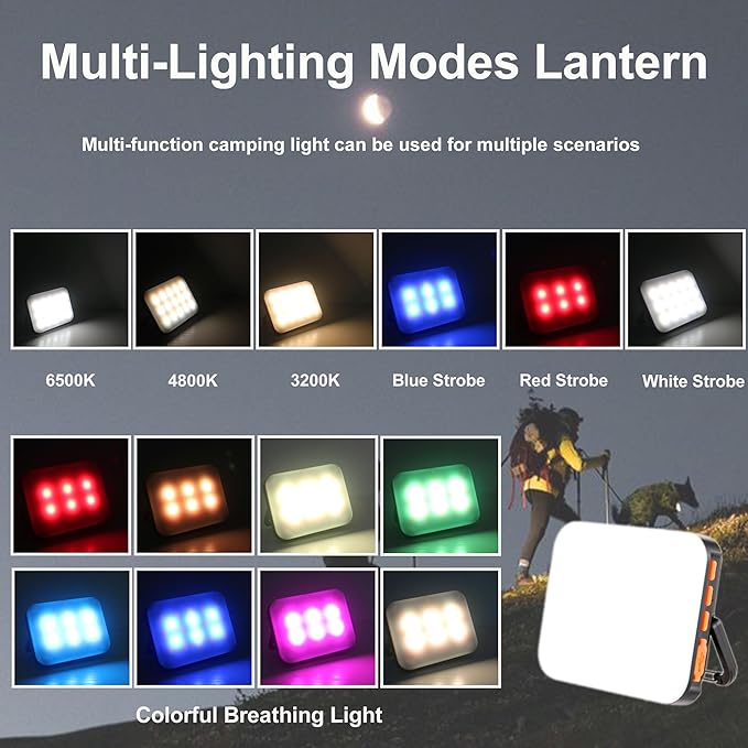 Tent Lights for Camping, Rechargeable Camping Lights for Tent, Camping Tent Light RGB Lights with 8 Light Modes IP65 Waterproof Magnetic Function for Outdoor Emergency Fishing Tent(Black)
