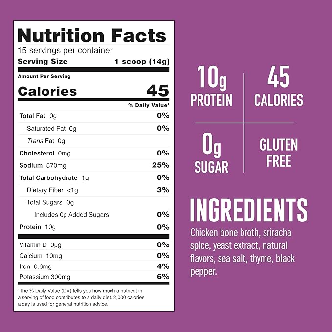 LonoLife Sriracha Chicken Bone Broth Powder Mix | 10g Protein | Collagen-Rich, Keto & Paleo Friendly | Natural Ingredients | 24 Portable Stick Pack Servings