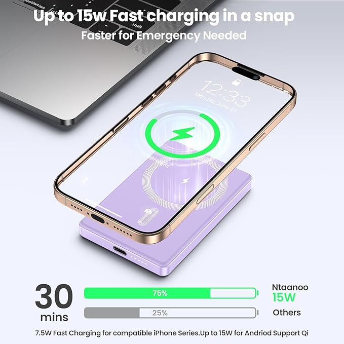 Magnetic Power Bank,Ultra Slim Wireless Portable Charger 10000mAh,20W PD Magnetic Power Bank Fast Charging,USB C in&Out Powerbank for iPhone 16/15/14/13/12 Pro Max