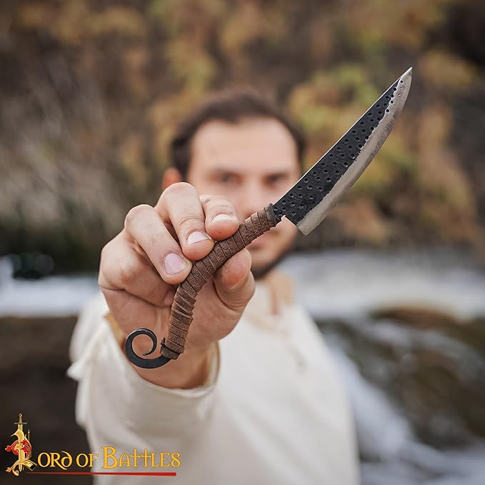 Lord of Battles Hand-Forged Medieval Knife ??Curved Full Tang with Leather-Wrapped Handle, Viking-Inspired Utility Knife for Camping, Hunting & Collectors