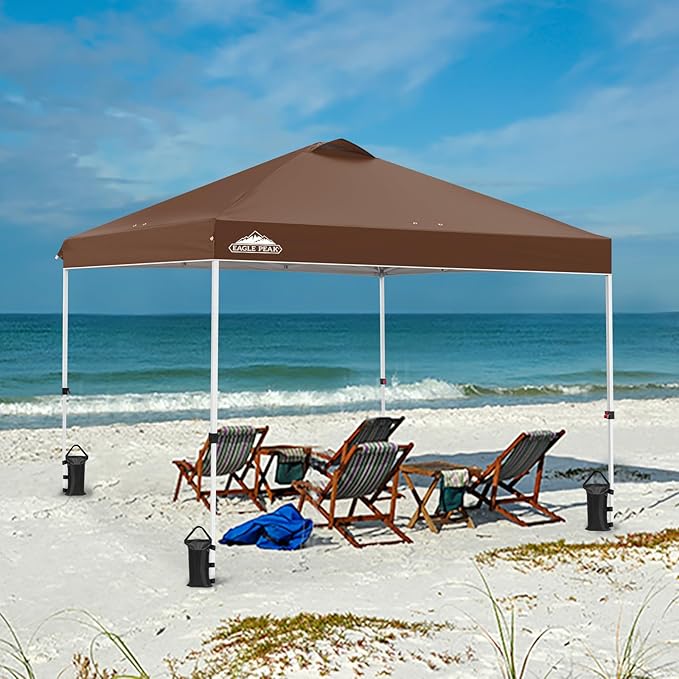 EAGLE PEAK Pop Up Canopy Tent with Wheeled Carry Bag, 8 Stakes, 4 Ropes, 4 Weight Bags, Easy Set Up Tent Canopy, 10x10 ft, 100sqft of Shade, Dark Brown