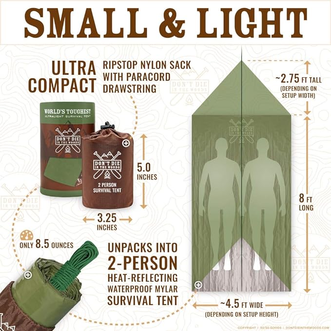World's Toughest Ultralight Survival Tent ??2 Person Mylar Emergency Shelter Tube Tent + Paracord ??Year-Round All Weather Protection for Hiking, Camping, & Outdoor Survival Kits