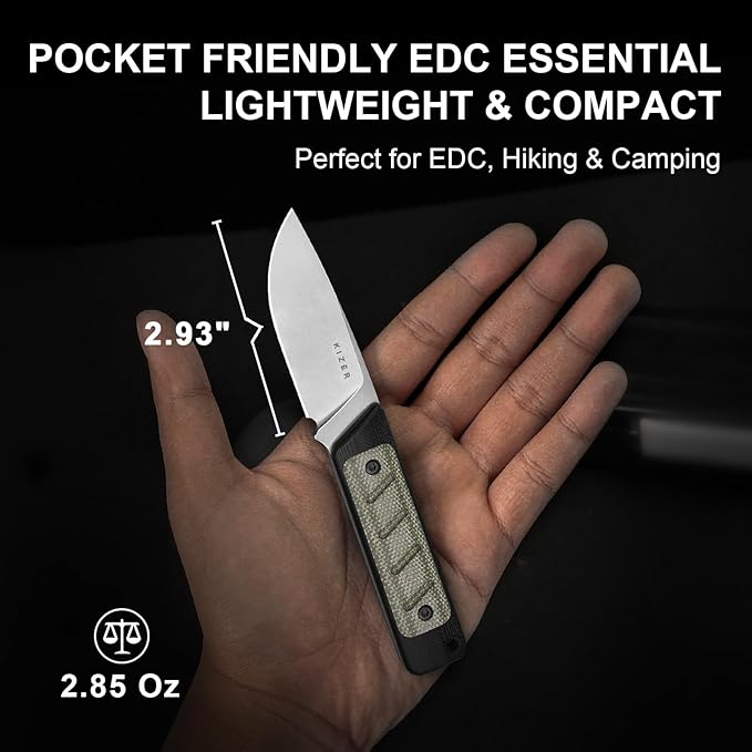 Kizer Smolt Fixed Blade Knife, 2.93" 14C28N Fixed Blade with Black G10 & Micarta Handle, Drop Point EDC Knives with Sheath for Camping Hiking 1063A6