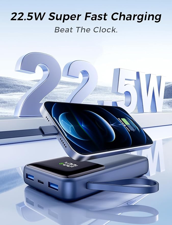 Power Bank, 15000mAh Portable Charger with Built in Cable, 22.5W Fast Charging, 6 Outputs, Slim Travel Essential Battery Pack with LED Display, Compatible with iPhone 16/15/14/13, Samsung, iPad, etc