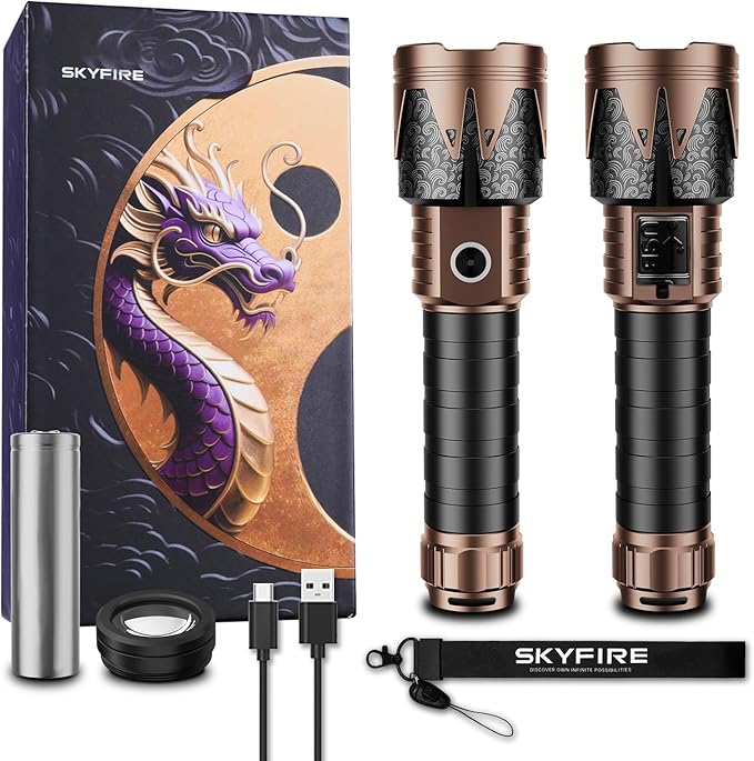 SKYFIRE Rechargeable Flashlights High Lumens 2 Pack with Ignition Lens,3000lm Mini Bright Tactical Torch with 6 Modes Waterproof Zoomable LED Flash Light for Camping Essentials Outdoor Home Emergency