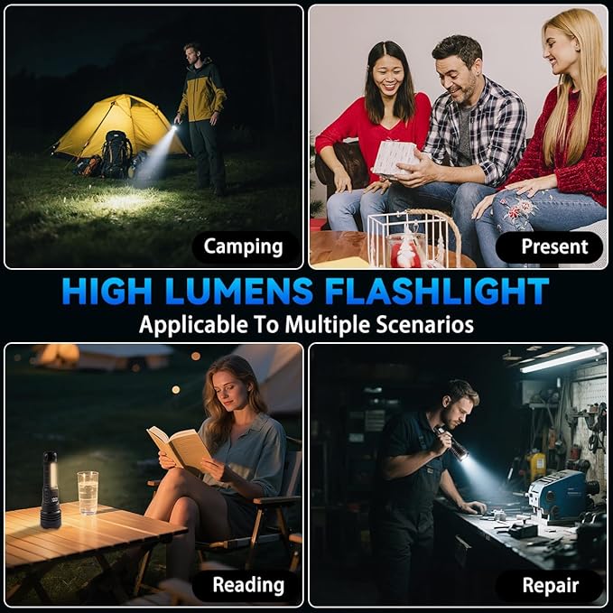 4Pack Flashlights High Lumens 9900FL, 7Mode Flashlight Rechargeable with LCD Digital Display, Rechargeable Flashlights with COB Light, Adjustable Super Bright Flashlight, Powerful Tactical Flash Light