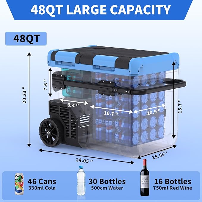 45L Dual Zone Car Refrigerator Freezer, -4℉~68℉, 48Qt Compressor Cooler with Reversible Door, Metal Handle, Dual Battery Slot, 100–240V AC / 12V / 24V DC Powered, LED Light – Ice Blue