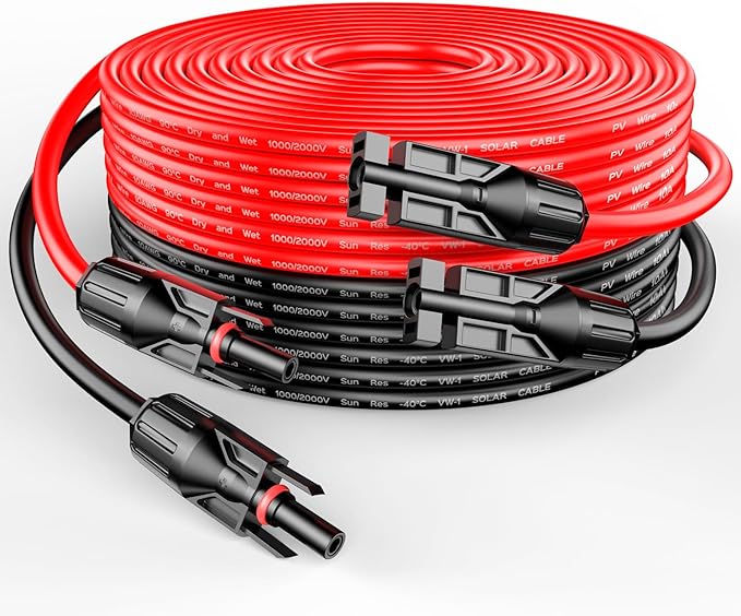 RICH SOLAR 10 Gauge 10AWG One Pair 100 Feet Red + 100 Feet Black Solar Panel Extension Cable Wire with Female and Male Connectors (100FT 10AWG)