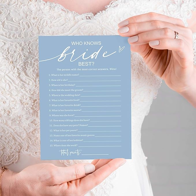 Bridal Shower Games Cards, Who Knows The Bride Best, 25 Guest Wedding Games, Minimalist Blue Wedding Party Supplies - B03