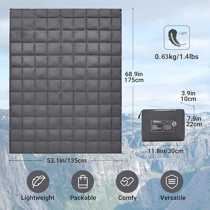 KingCamp Ultralight Camping Blanket, Packable Down Alternative Puffy Wearable Blankets Weatherproof Warm Package Quilt with Snap Buttons for Outdoor Hiking Travel Picnic Stadium (69" x 53", CHARCOAL)
