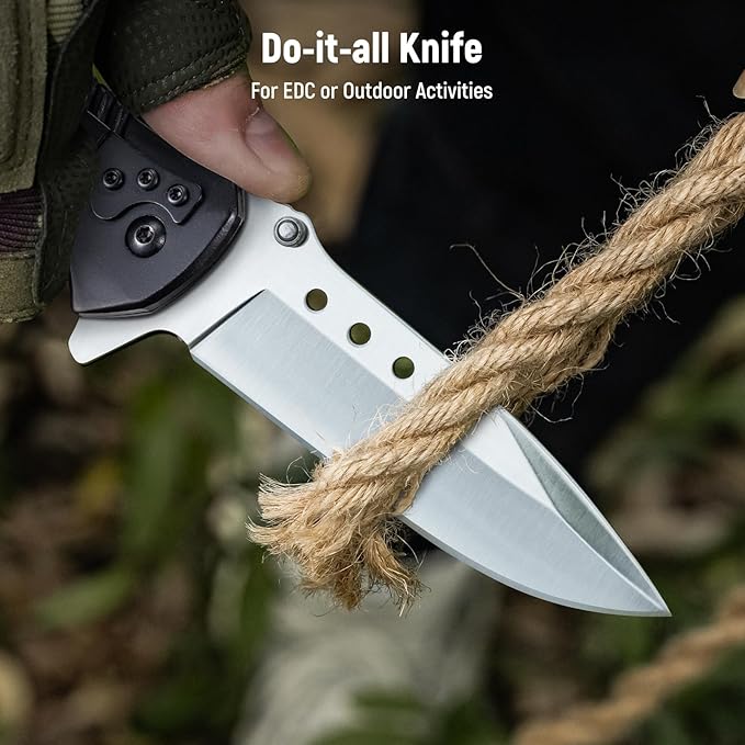 Pocket Knife for Men - 3.46" Sharp Blade Wood Handle Pocket Folding Knives with Clip, Glass Breaker - EDC Knives for Camping Survival Fishing Outdoor Hiking Women Men,Black-Silver