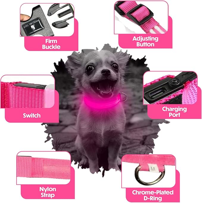 Light Up Dog Collar – Reflective, Adjustable & Rechargeable Electronic Glow Pet Collars – Bright, Comfortable, High Visibility LED Dog Collar for Night Safety, Outdoor Walk & Flashing Fun, Pink, Large