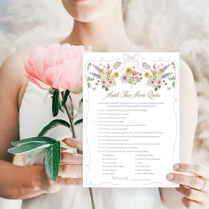 Match These Movie Quotes Bridal Shower Games, Wildflowers Pink Bow Games Card for Wedding Reception, Bridal Shower, Engagement, Bachelorette Party Activity Decorations (25 Pack) -A03