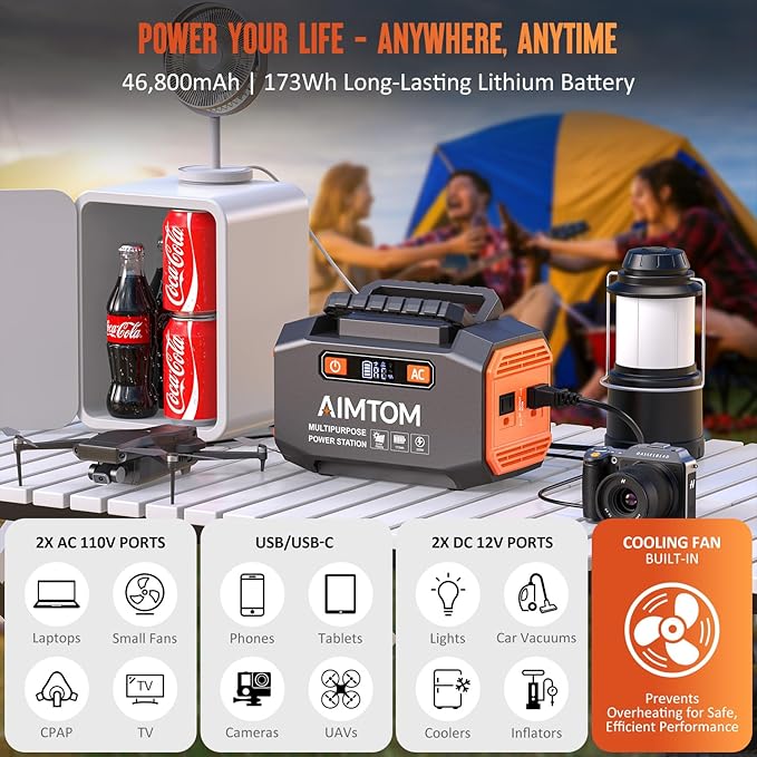 AIMTOM 200W Portable Power Station with 30W Solar Panel Bundle ??173Wh Lithium Battery, 250W Peak AC, USB-A, USB-C and 12V DC Outputs, High-Efficiency Solar Generator for Camping RV Emergency Backup